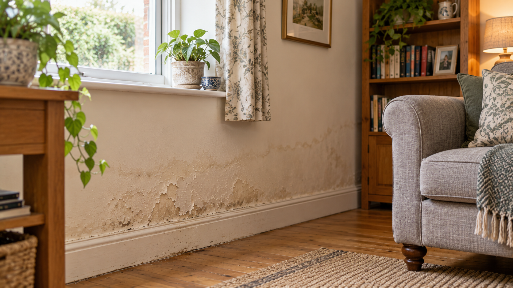 A cosy living room with visible damp damage and peeling plaster along the bottom of an internal wall.