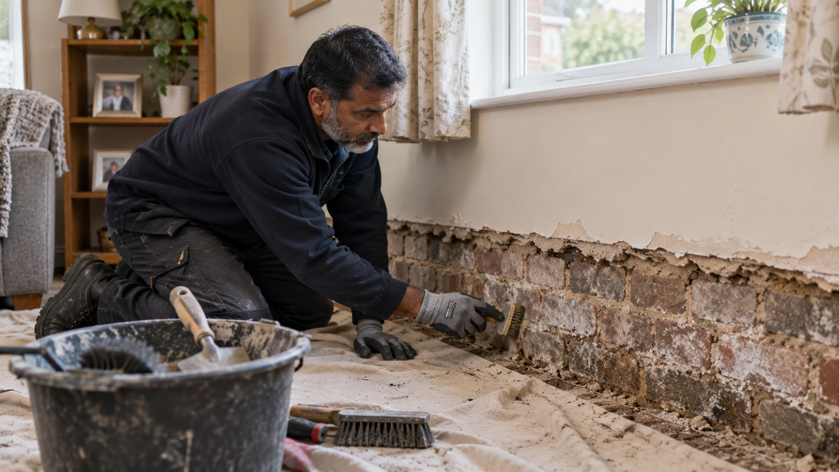 A damp-proofing repair in progress, with lower plaster removed to expose masonry at the base of a wall.