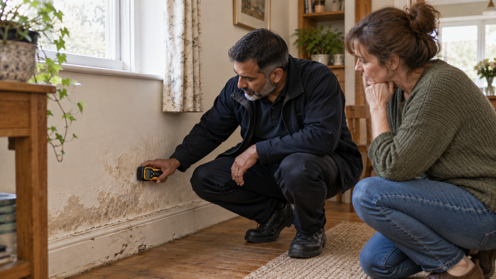 A damp specialist using a handheld moisture meter on a damaged wall while a homeowner watches.