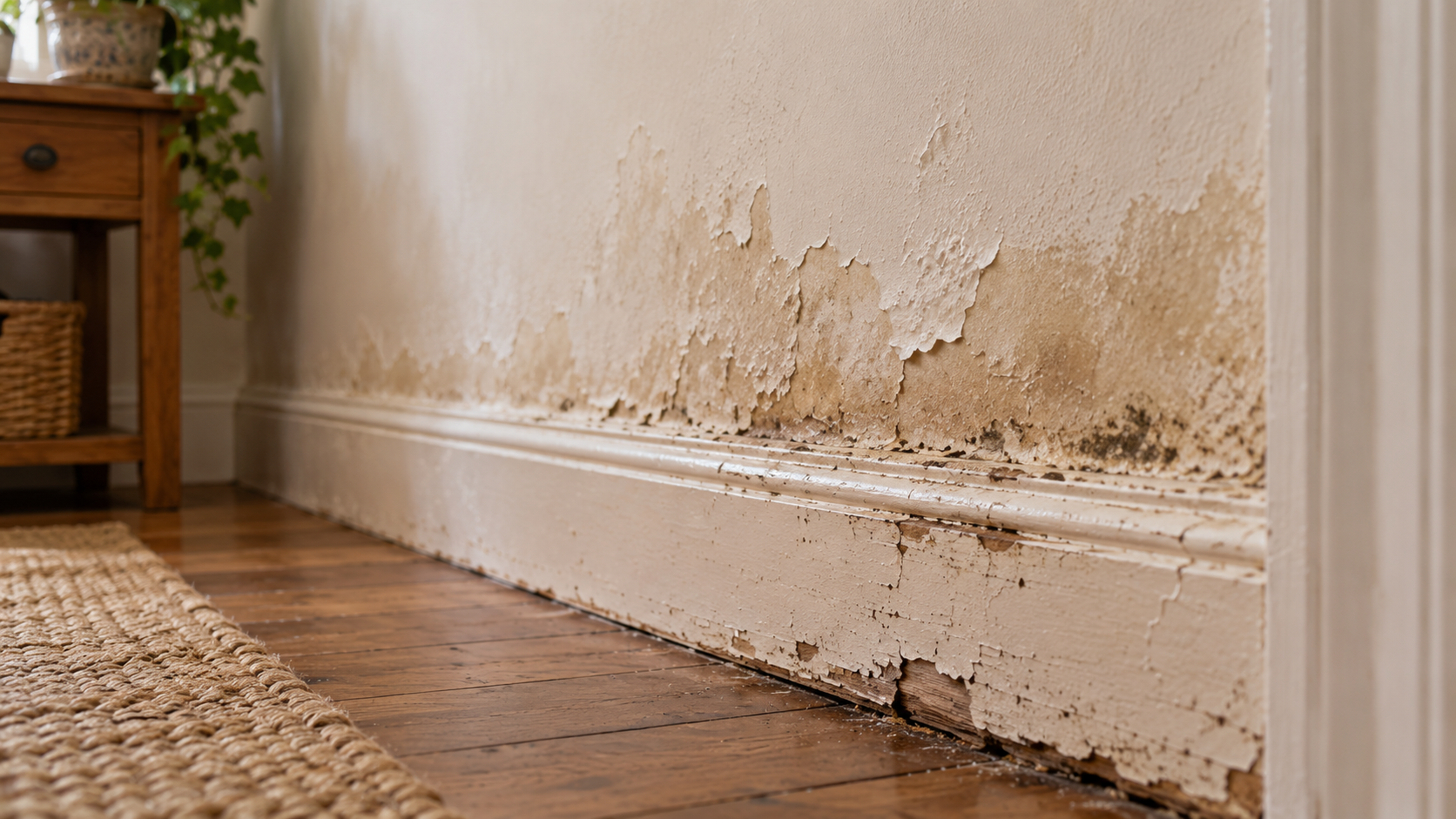 Close-up of damp damage, peeling plaster and a decayed skirting board at the base of an internal wall.